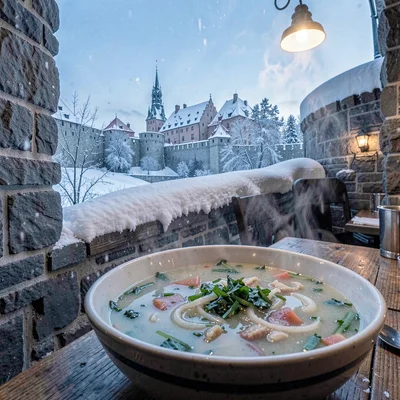 Quebec winter heritage, walled city under snow, Steaming bowl of onion soup in a