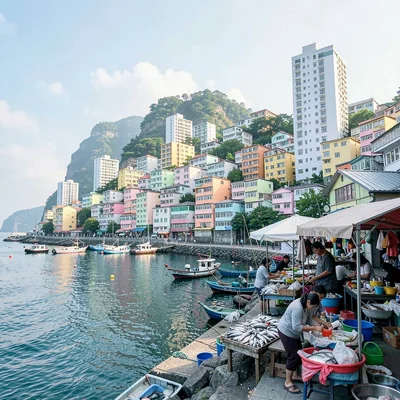 Busan vertical density, hillside village stacking, fish market vendor with harbo