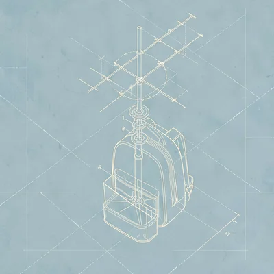Blueprint of an antenna mast unfolding from a backpack, isometric exploded view,
