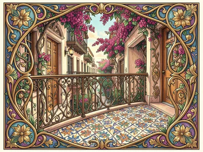 Art Nouveau balcony railing with Mexican tile mosaic floor, bougainvillea, colon