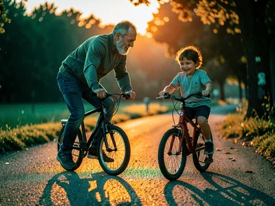 Father teaching kid to ride bike, golden hour making it an Oscar moment