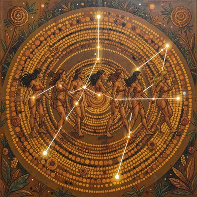 Indigenous Australian dot painting illustration, the seven sisters constellation
