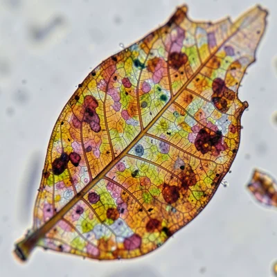 Decaying autumn leaf with intricate vein pattern visible, macro