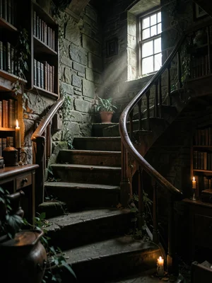 A stone staircase in a tower, spiral, worn by centuries of feet, a small window 