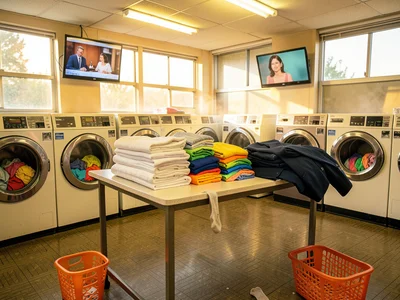 The folding table area of a laundromat, a long formica counter with three neat s