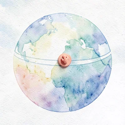 abstract globe-shape with three latitude lines and a single coral pin marking a 