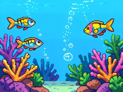 A 16-bit underwater scene: coral reef with tropical fish, each fish a carefully 