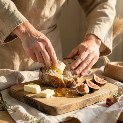 Hands tearing fresh sourdough bread over a wooden board with butter, honey, and 