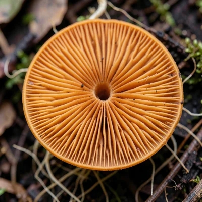 Single chanterelle mushroom cap from above — orange ridged surface like a topogr