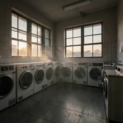 Empty laundromat at dawn with machines humming softly