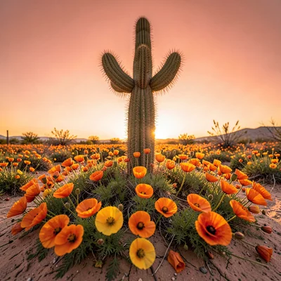 Poppies Surrounding Saguaro Base