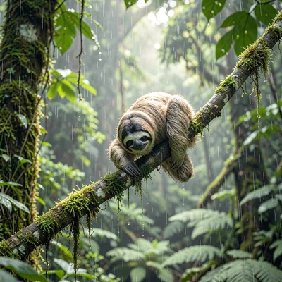 Monteverde cloud forest, filtered canopy light, Sloth moving slowly along a bran