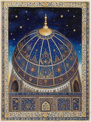 Night sky over a palace dome — deep blue ground with gold stars