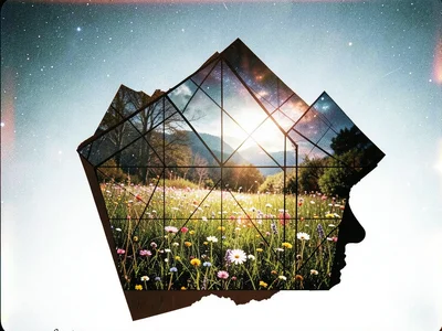 Architectural grid overlaid with spring meadow wildflowers, double exposure blen
