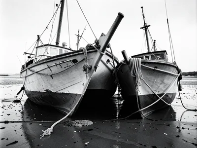 Three fishing boats at low tide, their hulls leaning against each other on wet s