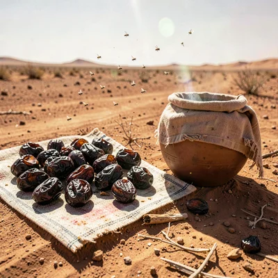 Desert environment photograph, extreme heat conditions, Dates drying on a mat in
