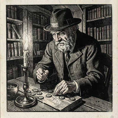 A miser counting coins by candlelight