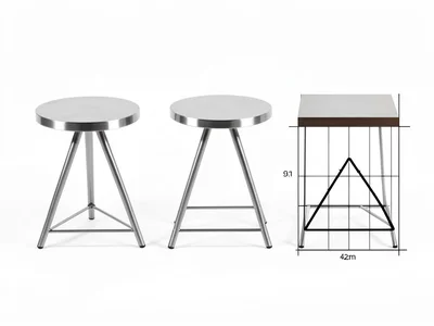 Three metal stools — circle seat, triangle base, square seat — side by side