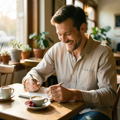 A man journaling at a cafe table with an espresso and a small plate of berries a