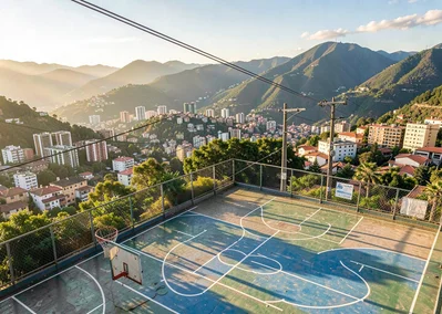 Eternal spring light over transforming Medellín, rooftop basketball court in com