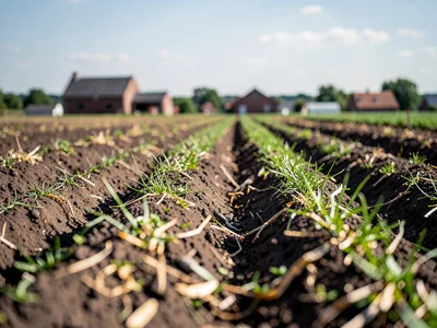 Farm field from near furrow to far buildings