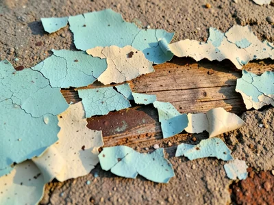 Spray paint peeling from concrete, aerosol coating lifting in sheets, stencil ar