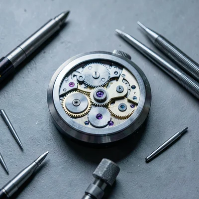 Precise geometric composition, industrial clarity, Close-up of mechanical watch 