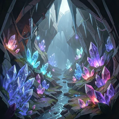 Video game concept art illustration, a crystalline cave system with magical mine