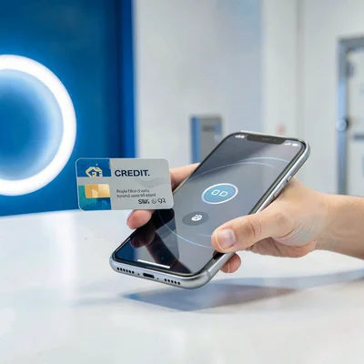Editorial photograph, Credit card and smartphone for contactless payment, retail