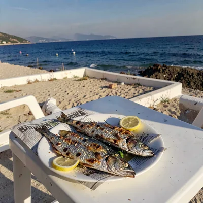 Mediterranean summer photograph, August dry heat, A plate of grilled sardines wi