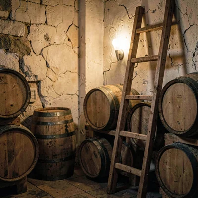 Cellar corner with a wooden ladder leaning against a stack of barrels, soft ambe