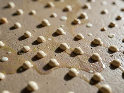 Slip-trailed dots clustering across stoneware, raised cream pearls casting tight