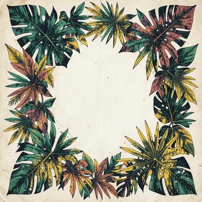 A cluster of tropical leaves framing an empty oval center