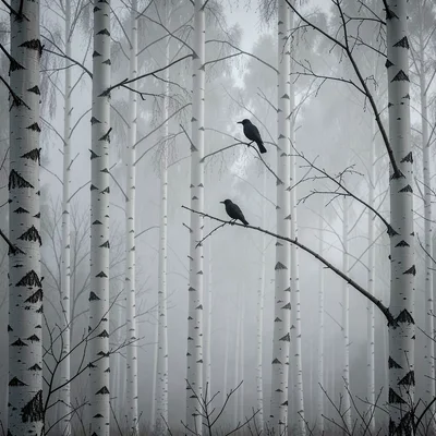 Stark Baltic minimalism, contemplative mood, Bare birch forest in fog, white tre