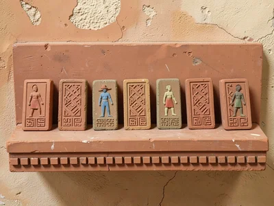 Row of clay stamp seals with geometric patterns arranged on terracotta shelf