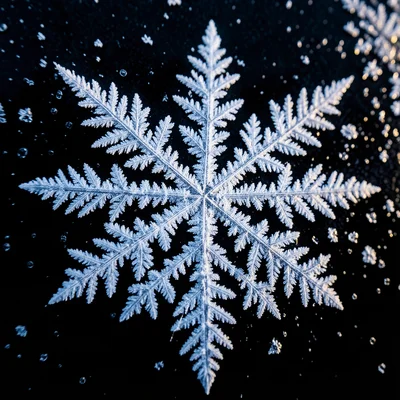 Macro of frost on black car paint, crystal dendrites brilliant white against pur