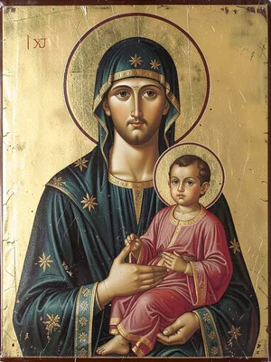 Mother and child in formal frontal pose, gold leaf background