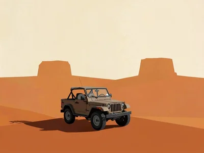 Lone jeep speck rolls across a rust-orange plateau under a sun-bleached cream sk