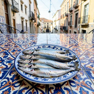 Azulejo tile geometry, Portuguese ceramic culture, Fresh sardines arranged on a 