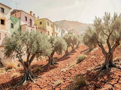 Olive grove climbing a dry slope, gnarled silver trunks set in cracked red soil,
