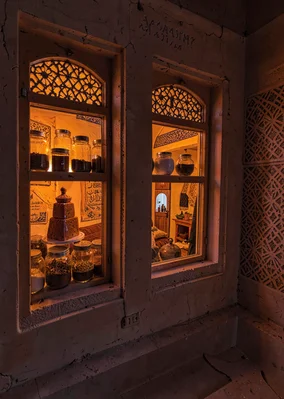 Colored light through qamariya windows in Sana'a, Yemen, spice jars in window wi
