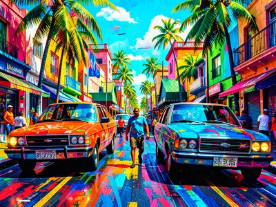 Street scene with selective glitch — only vehicles are distorted, people sharp