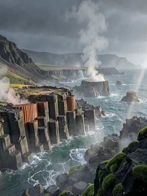 Volcanic otherworldly light in Iceland, the geometry of basalt columns rising fr