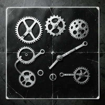 A photogram of clock parts: gears, springs, and hands arranged on paper, their m