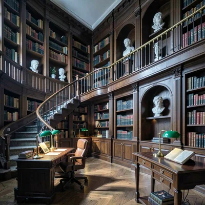Crisp Alpine clarity, formal composition, Library interior with dark wood shelvi