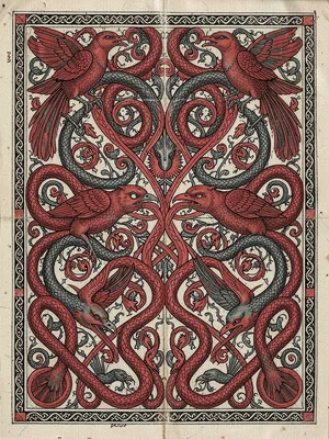 Zoomorphic carpet page — full page filled with interlocked bird and serpent form