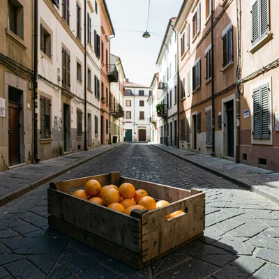 Siesta stillness, afternoon heat weight, Oranges abandoned in a wooden crate on 