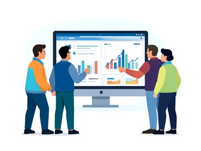 A team of four people around a large monitor showing a dashboard with charts, on