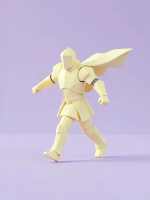 Solo pastel-yellow knight figure mid-stride across a flat lavender plain with ca