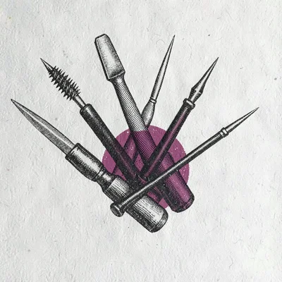 Riso poster of overlapping halftone tools fanning out — chisel, awl, brush, need